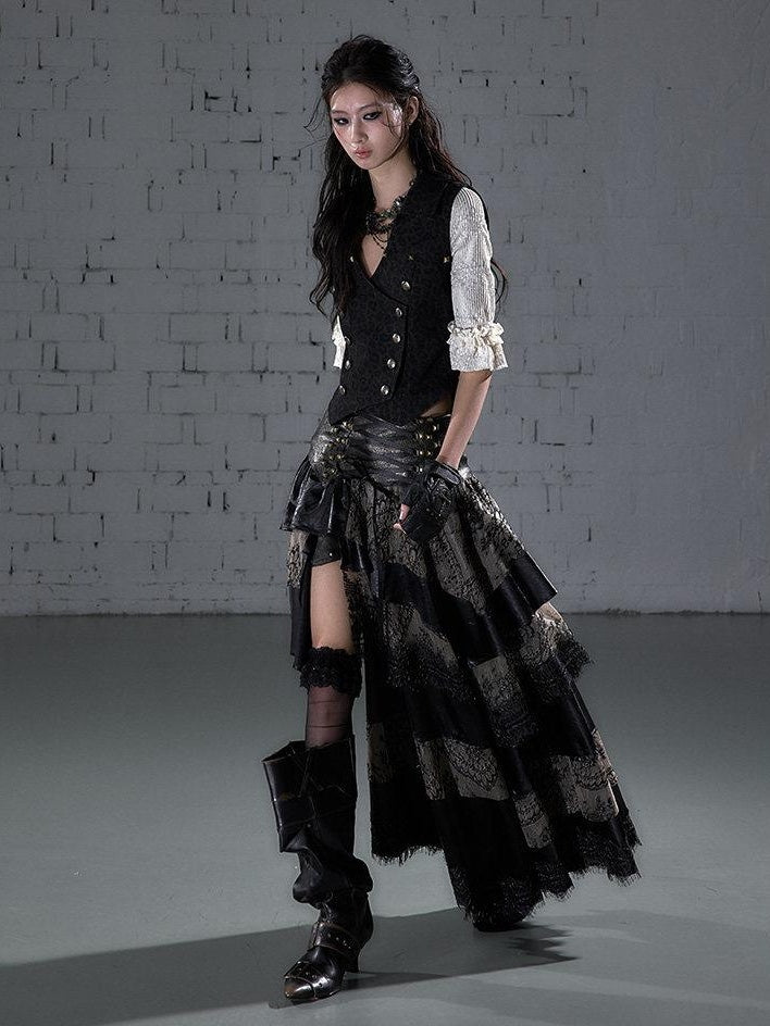 NO ROMANCE Elegant Lace Asymmetric Tie Patchwork Mid Waist For Women Midi Skirts