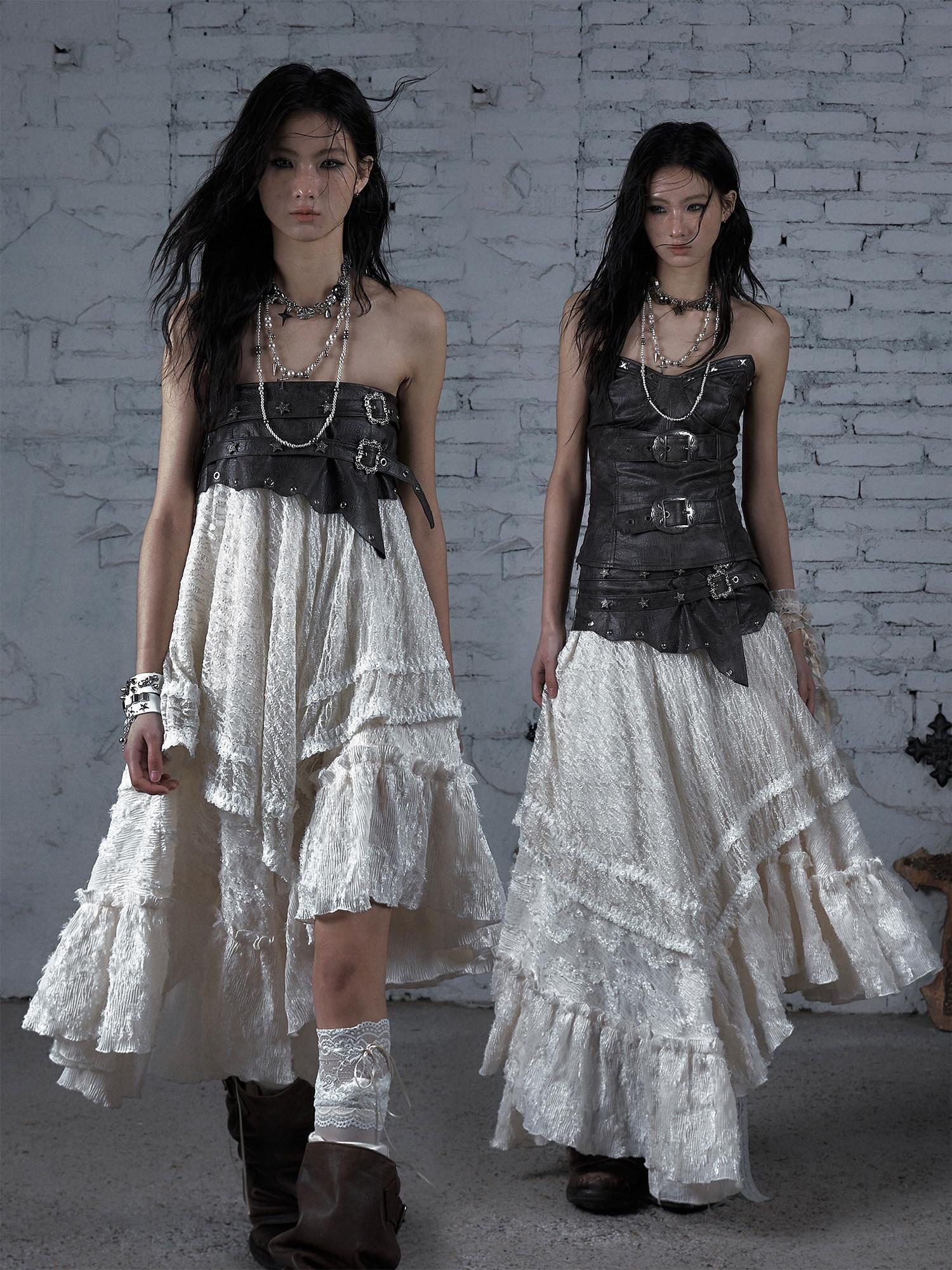 NO ROMANCE Elegant Victorian Asymmetric Tiered Mid Rise Loose Fit Rayon Blend Maxi Skirts
