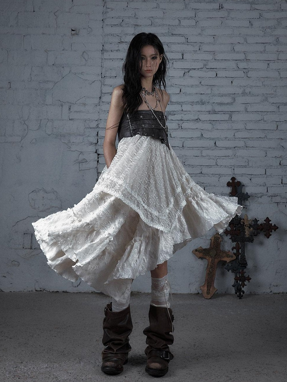 NO ROMANCE Elegant Victorian Asymmetric Tiered Mid Rise Loose Fit Rayon Blend Maxi Skirts