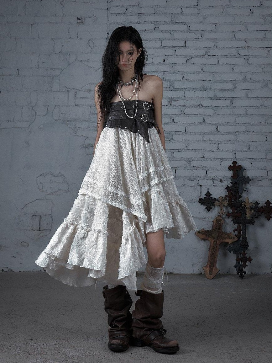 NO ROMANCE Elegant Victorian Asymmetric Tiered Mid Rise Loose Fit Rayon Blend Maxi Skirts