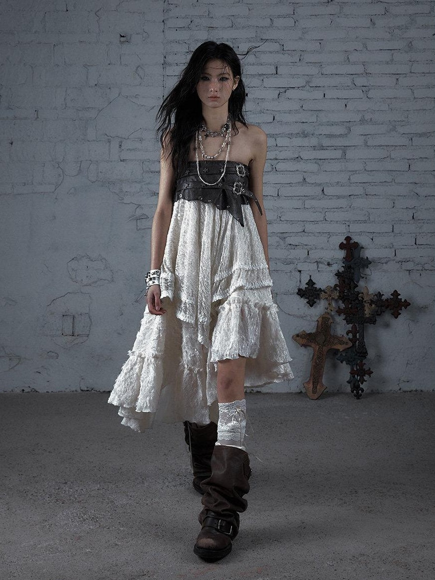 NO ROMANCE Elegant Victorian Asymmetric Tiered Mid Rise Loose Fit Rayon Blend Maxi Skirts