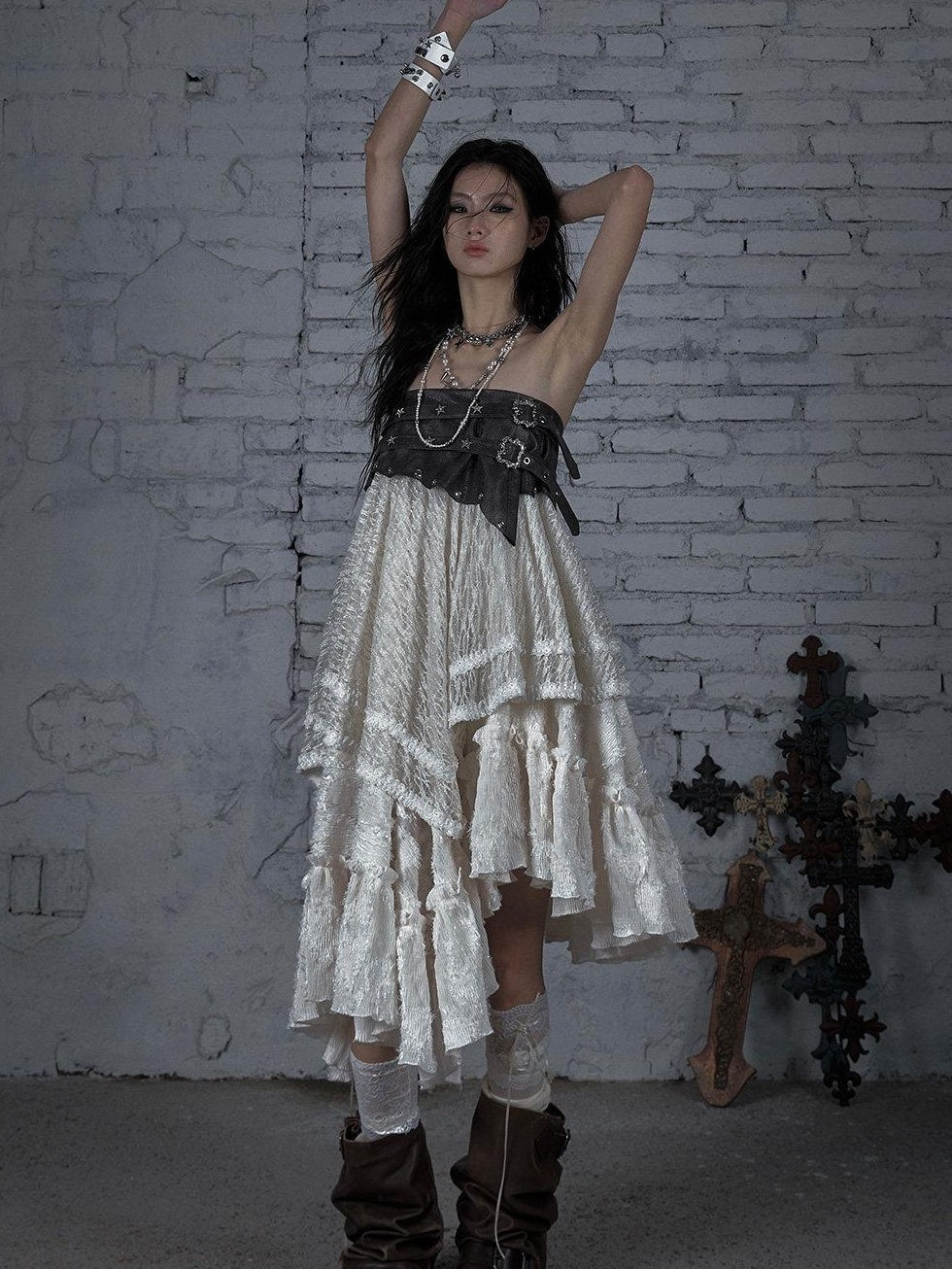 NO ROMANCE Elegant Victorian Asymmetric Tiered Mid Rise Loose Fit Rayon Blend Maxi Skirts