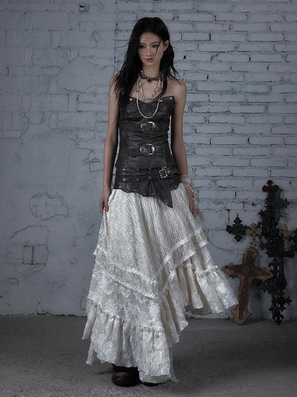 NO ROMANCE Elegant Victorian Asymmetric Tiered Mid Rise Loose Fit Rayon Blend Maxi Skirts