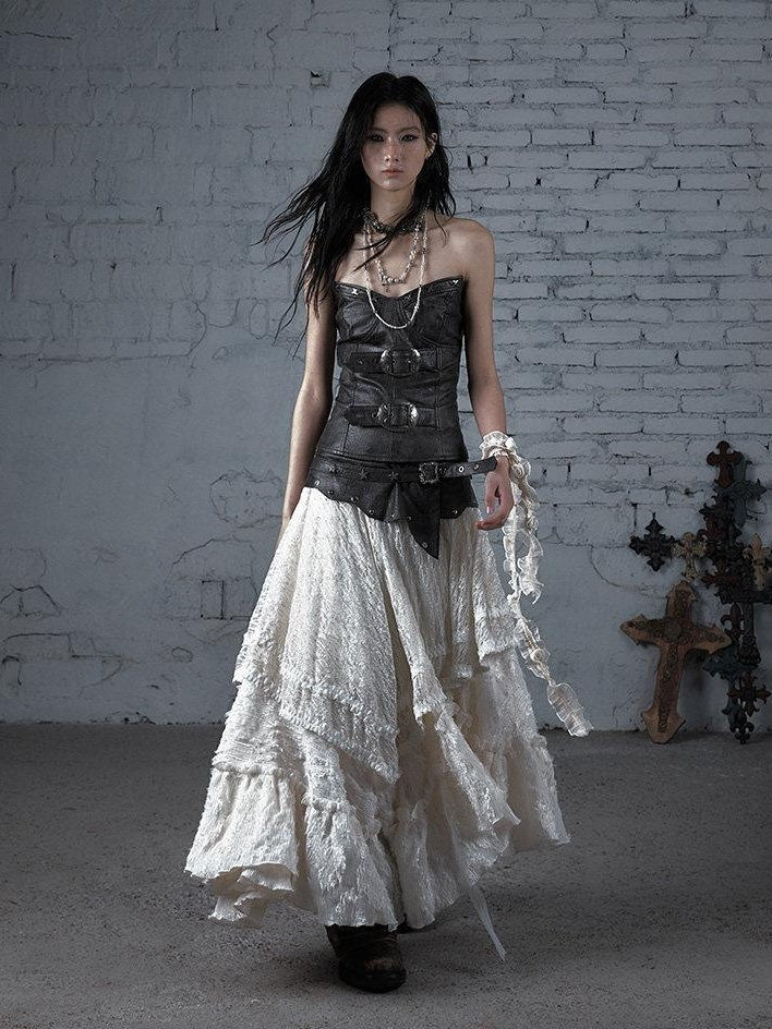NO ROMANCE Elegant Victorian Asymmetric Tiered Mid Rise Loose Fit Rayon Blend Maxi Skirts
