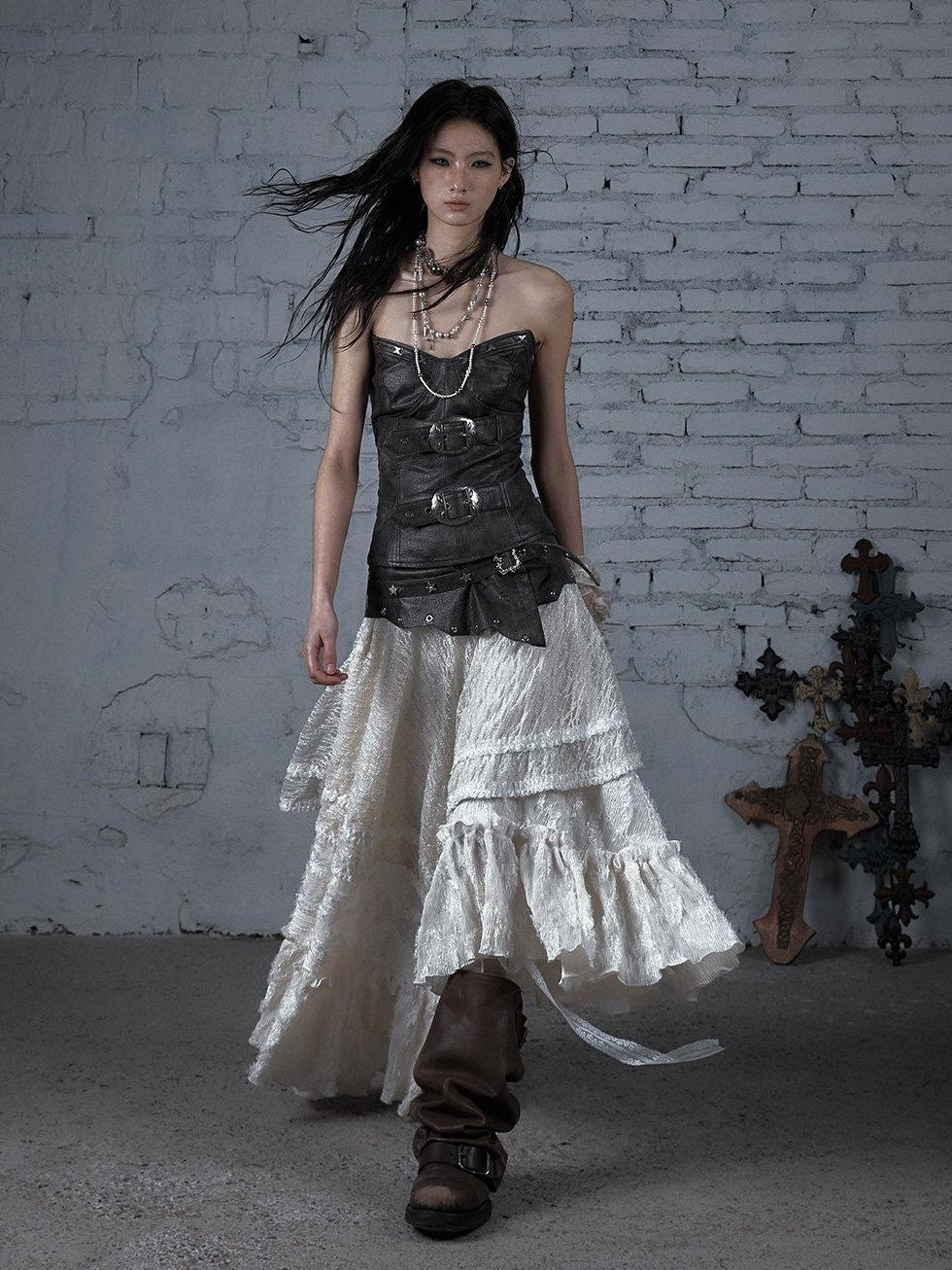 NO ROMANCE Elegant Victorian Asymmetric Tiered Mid Rise Loose Fit Rayon Blend Maxi Skirts