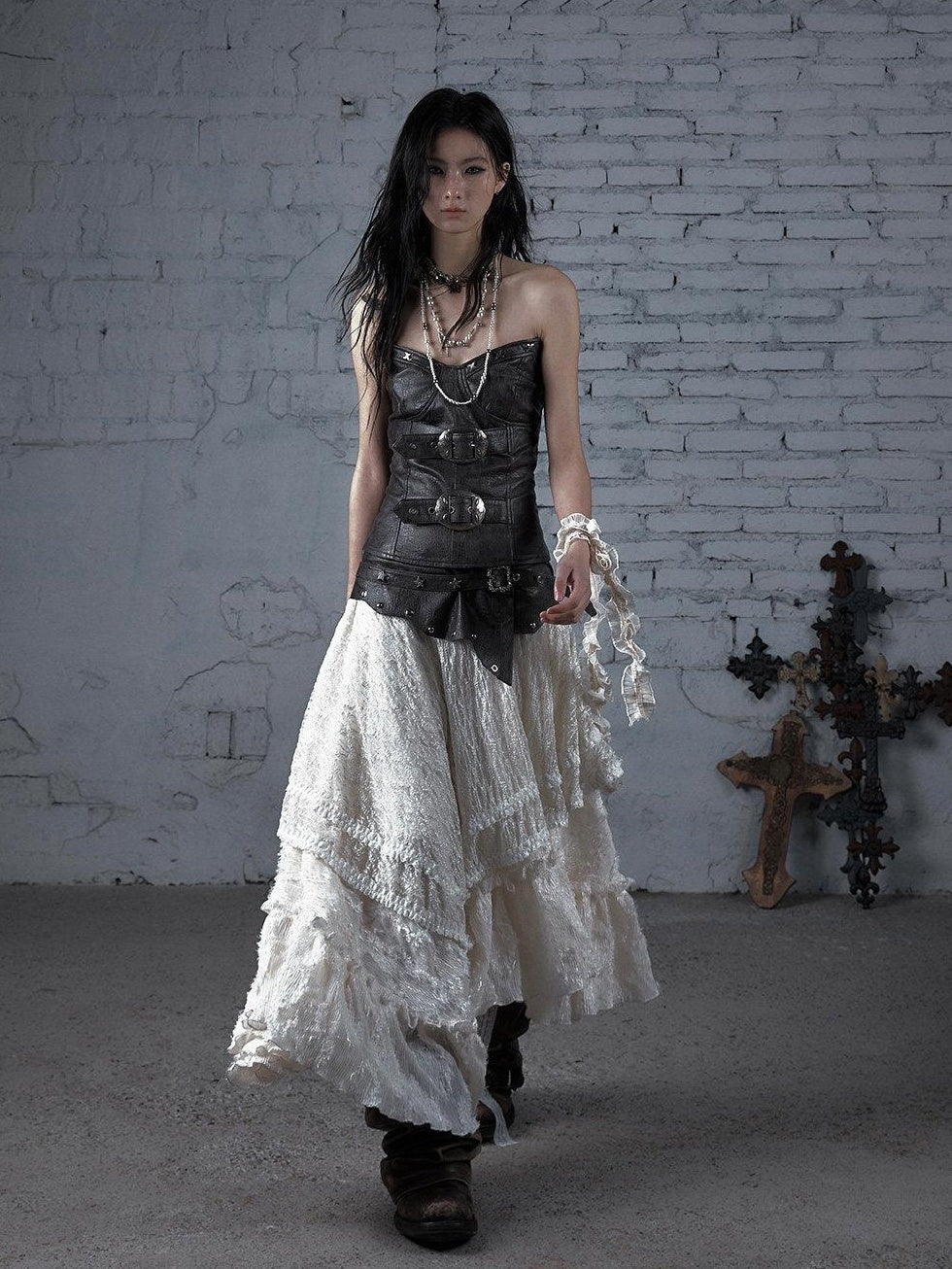 NO ROMANCE Elegant Victorian Asymmetric Tiered Mid Rise Loose Fit Rayon Blend Maxi Skirts
