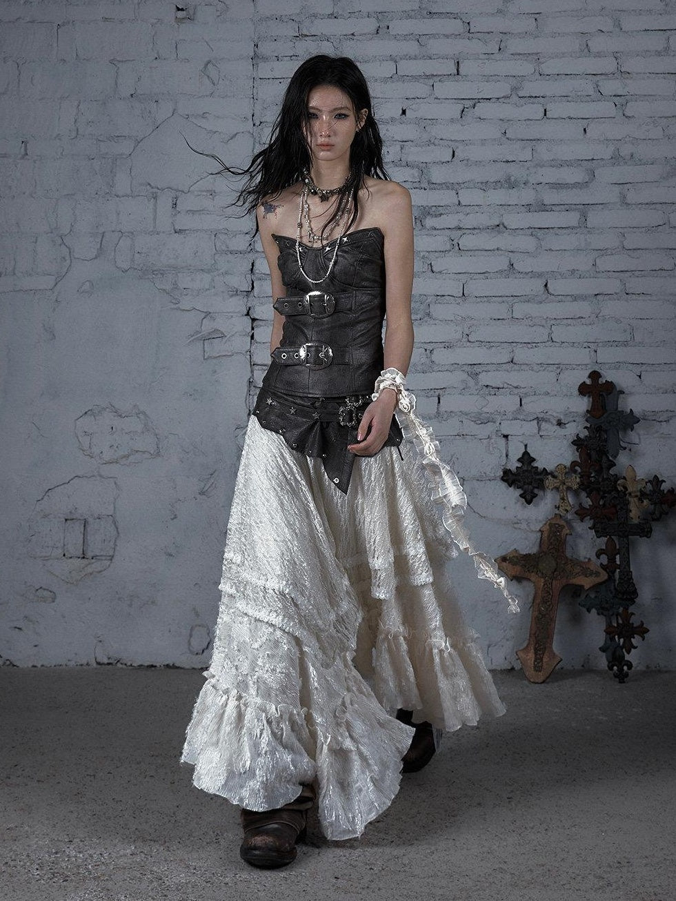 NO ROMANCE Elegant Victorian Asymmetric Tiered Mid Rise Loose Fit Rayon Blend Maxi Skirts