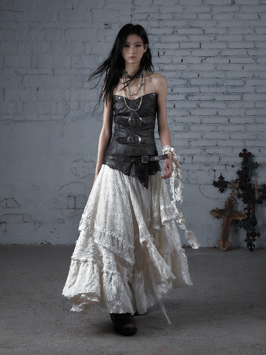 NO ROMANCE Elegant Victorian Asymmetric Tiered Mid Rise Loose Fit Rayon Blend Maxi Skirts