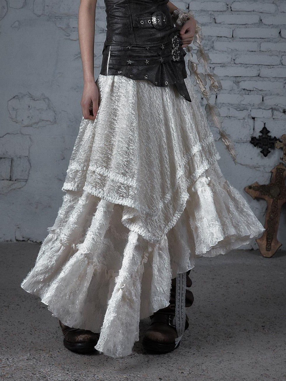 NO ROMANCE Elegant Victorian Asymmetric Tiered Mid Rise Loose Fit Rayon Blend Maxi Skirts