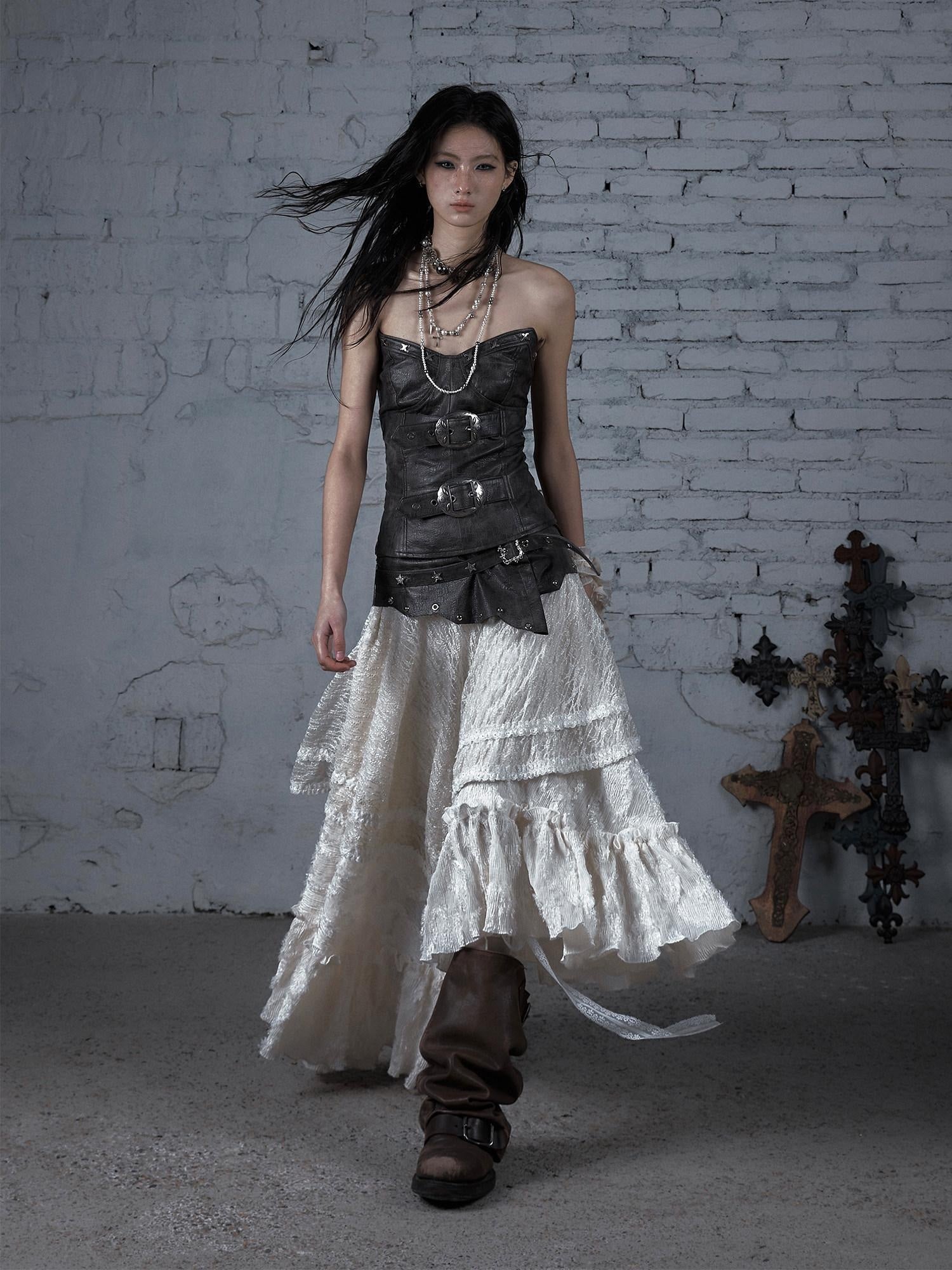 NO ROMANCE Elegant Victorian Asymmetric Tiered Mid Rise Loose Fit Rayon Blend Maxi Skirts
