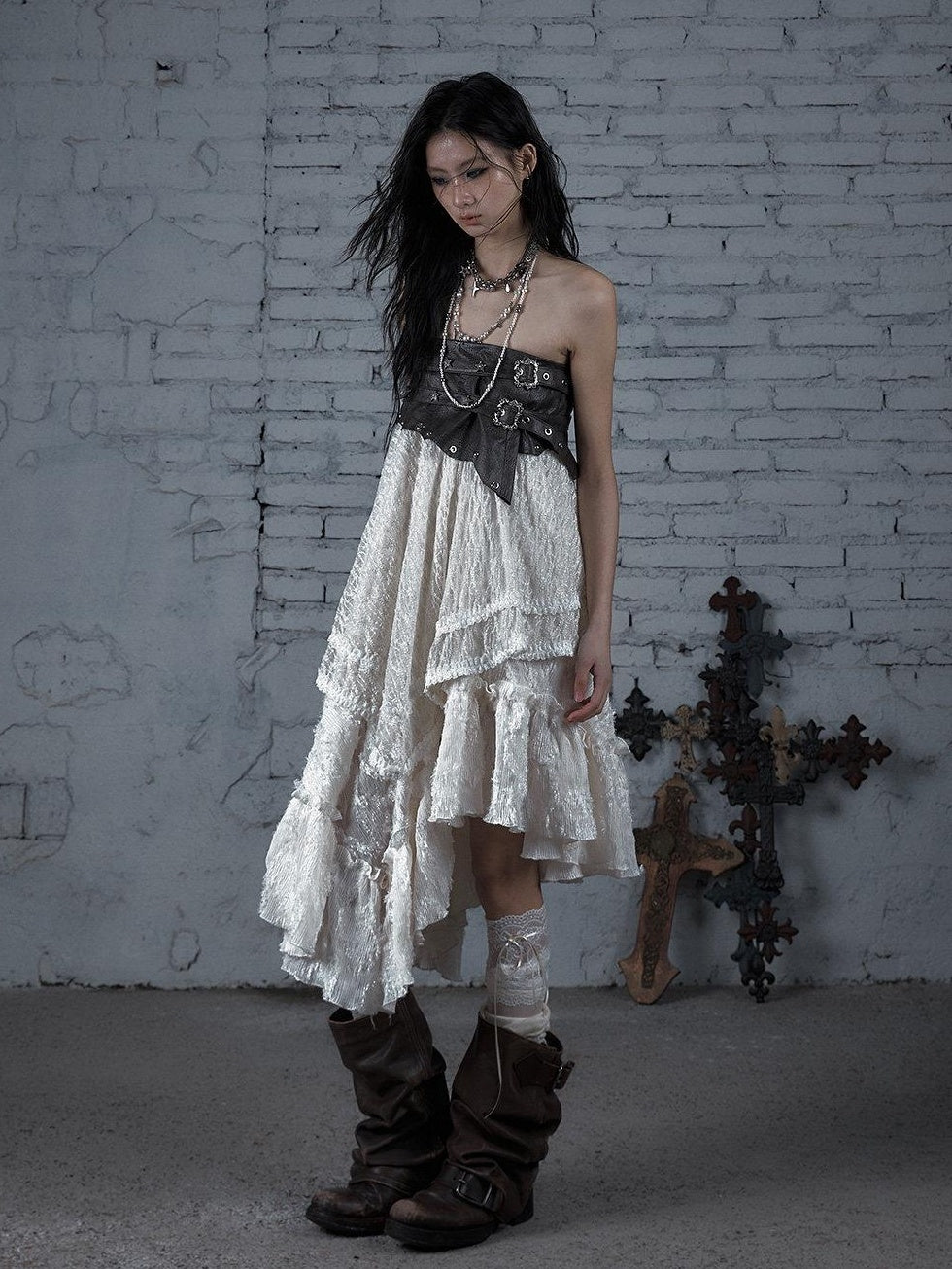 NO ROMANCE Elegant Victorian Asymmetric Tiered Mid Rise Loose Fit Rayon Blend Maxi Skirts