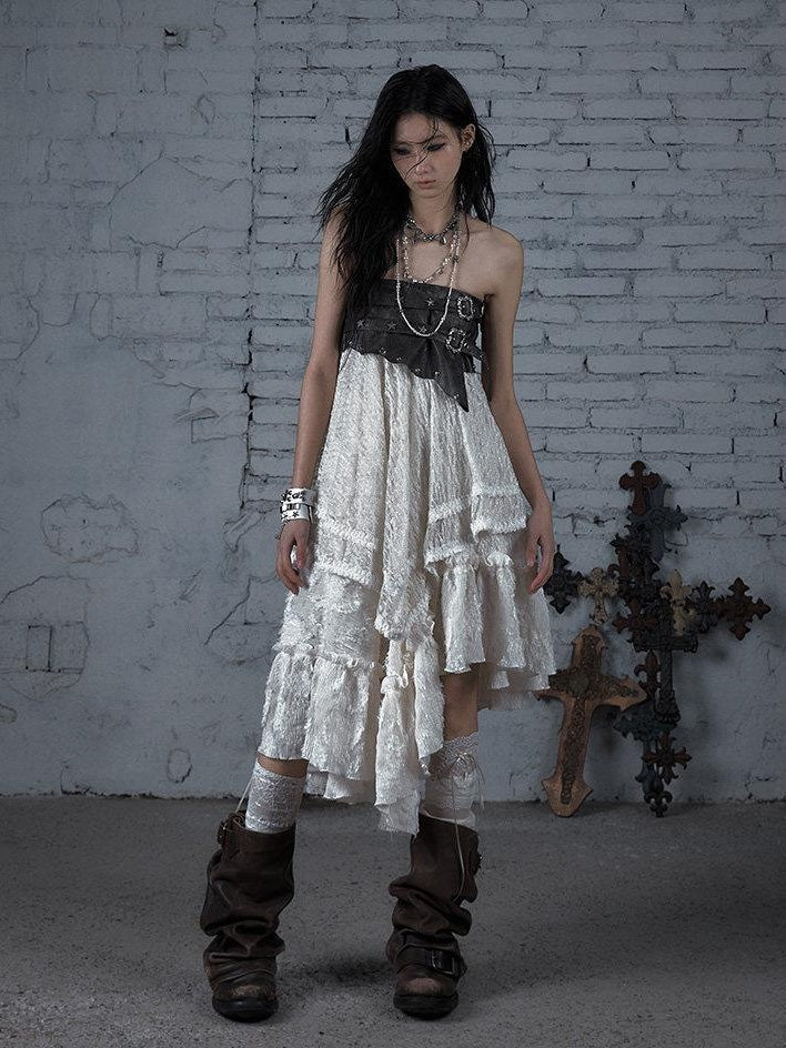 NO ROMANCE Elegant Victorian Asymmetric Tiered Mid Rise Loose Fit Rayon Blend Maxi Skirts