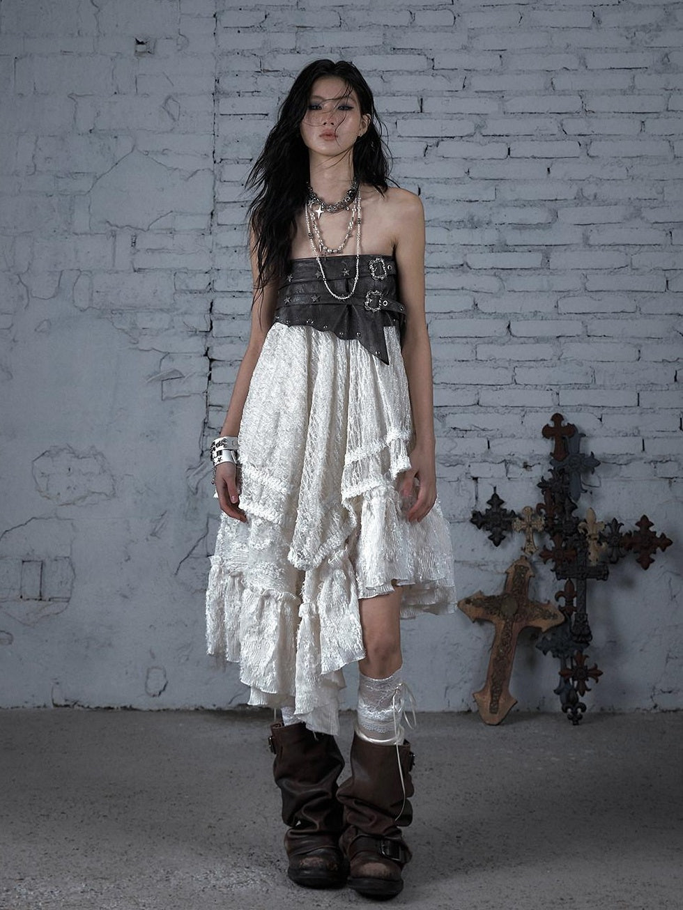 NO ROMANCE Elegant Victorian Asymmetric Tiered Mid Rise Loose Fit Rayon Blend Maxi Skirts