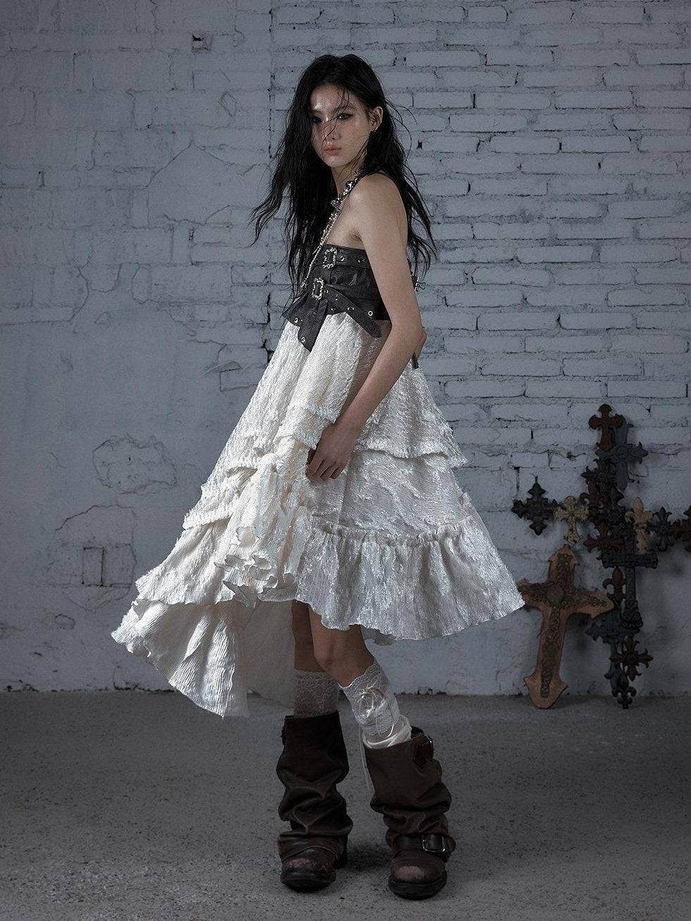 NO ROMANCE Elegant Victorian Asymmetric Tiered Mid Rise Loose Fit Rayon Blend Maxi Skirts