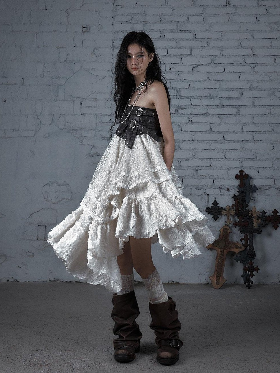 NO ROMANCE Elegant Victorian Asymmetric Tiered Mid Rise Loose Fit Rayon Blend Maxi Skirts
