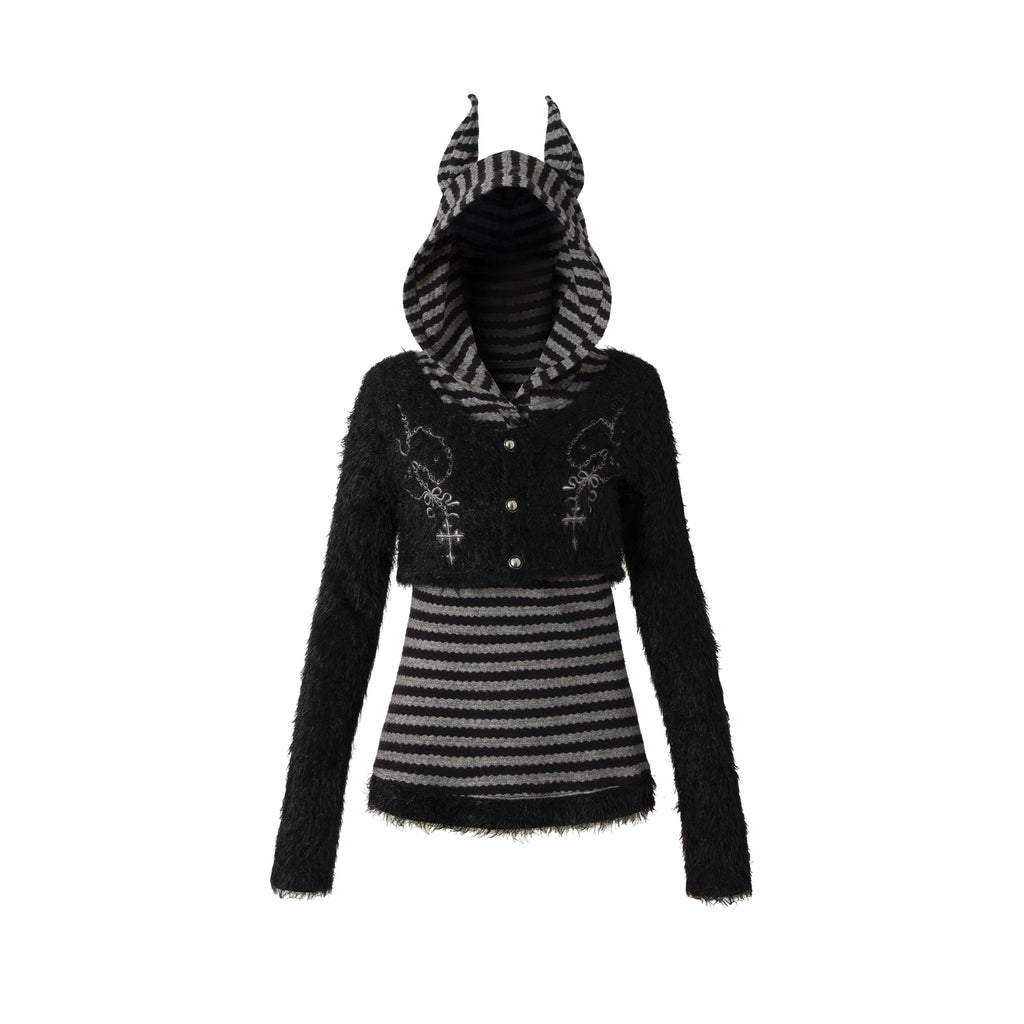 NO_ROMANCE_Embroidered_Cross_Hooded_Slim_Striped_Black_Grey_Women_Long_Sleeve_T-Shirts_MISSTT