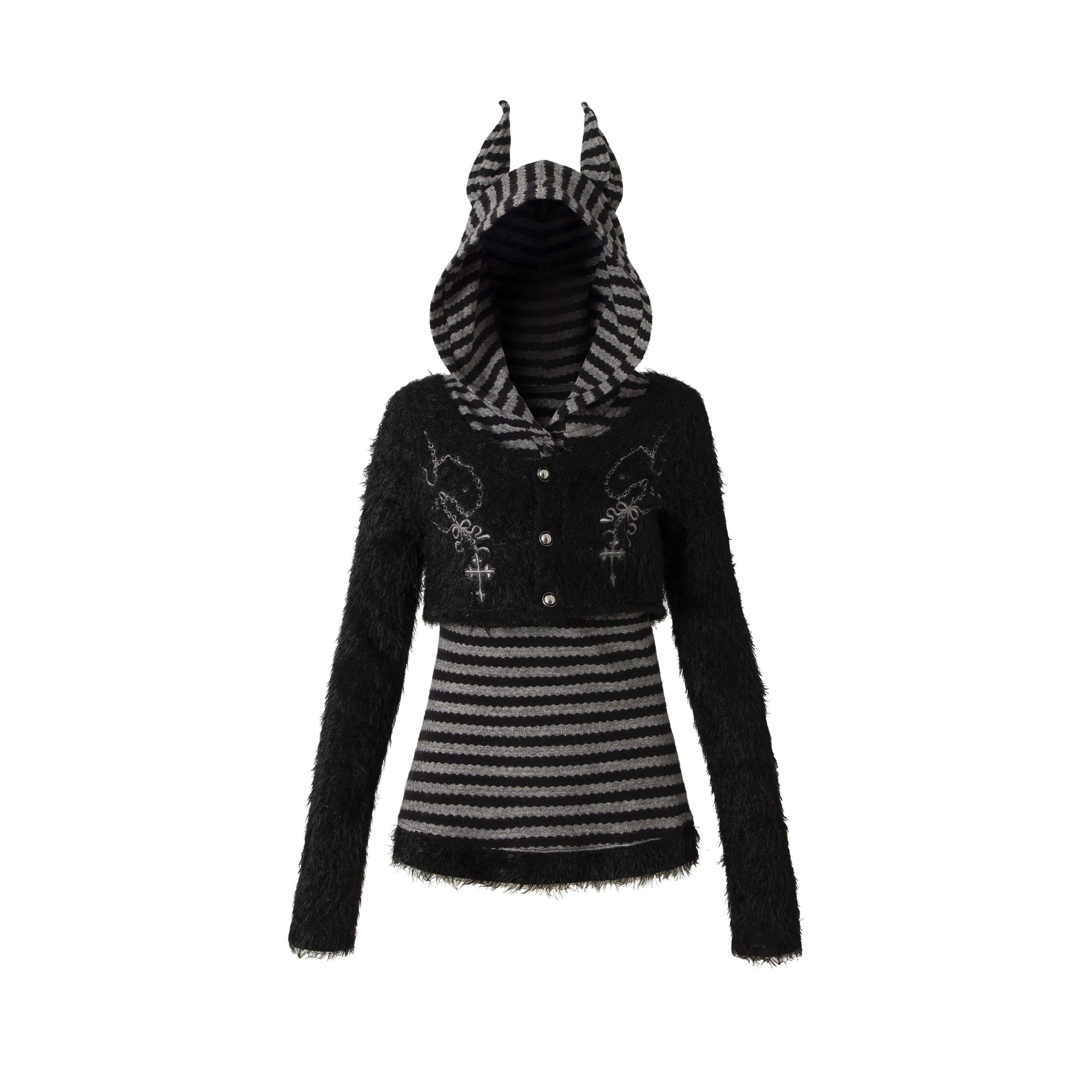 NO_ROMANCE_Embroidered_Cross_Hooded_Slim_Striped_Black_Grey_Women_Long_Sleeve_T-Shirts_MISSTT