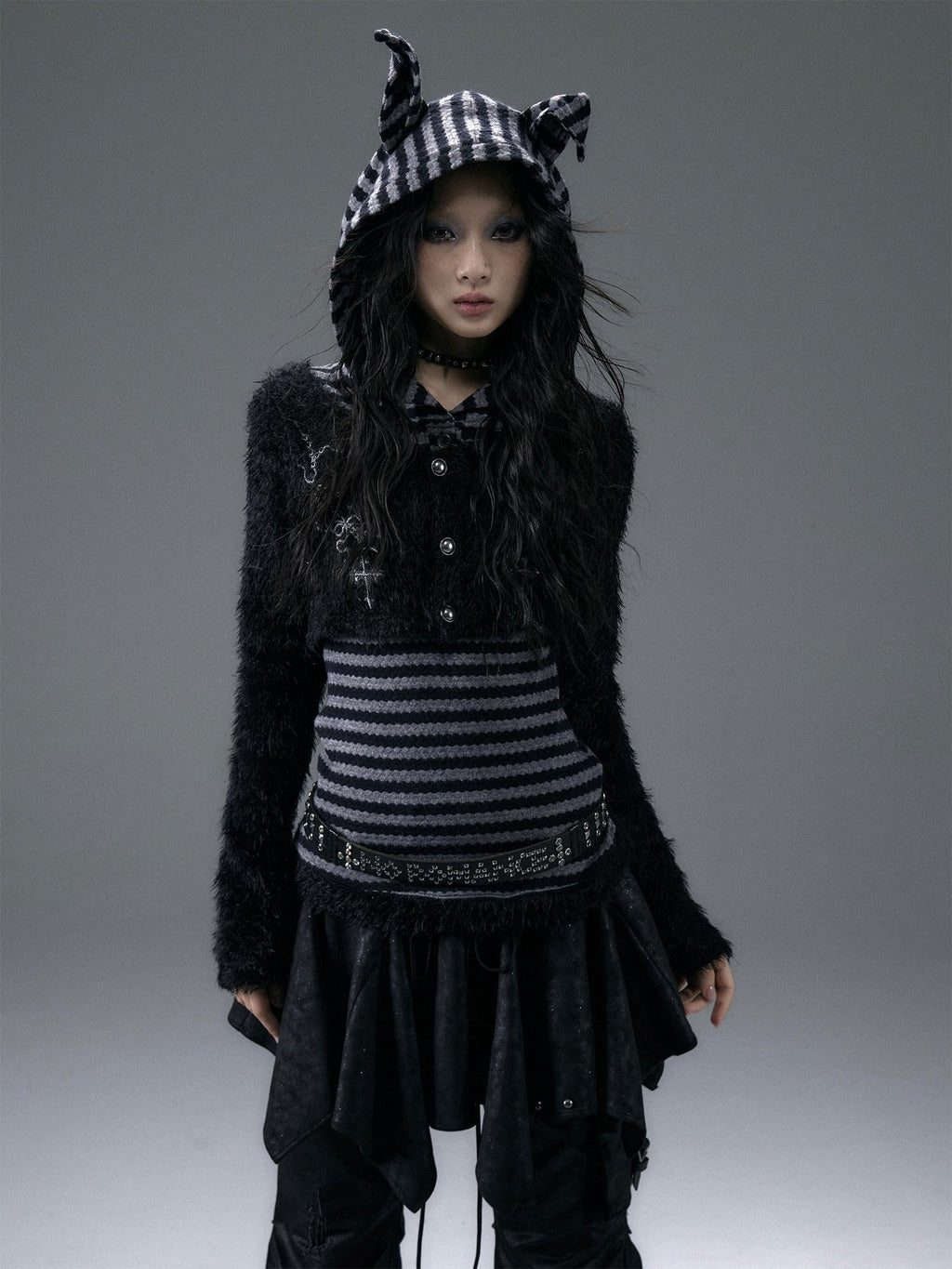 NO ROMANCE Embroidered Cross Hooded Slim Striped Black Grey Women Long Sleeve T-Shirts