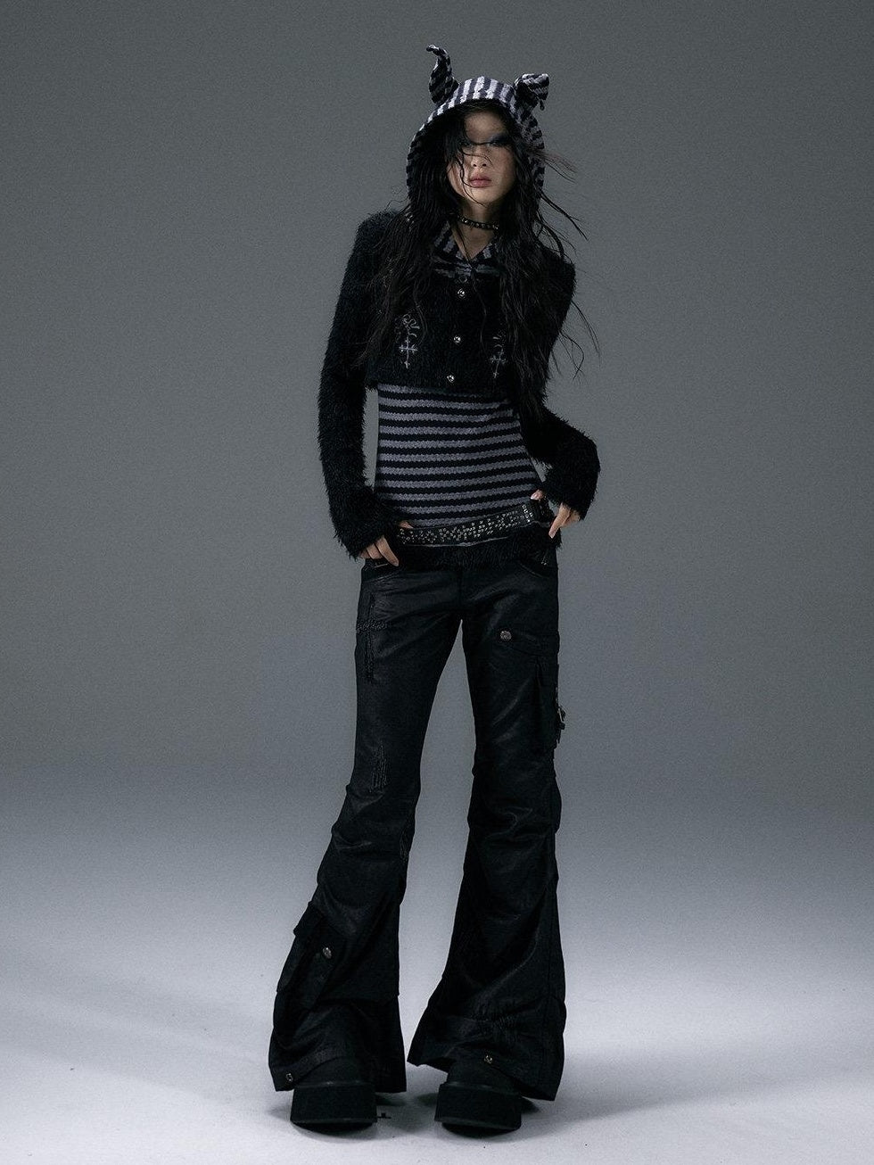 NO ROMANCE Embroidered Cross Hooded Slim Striped Black Grey Women Long Sleeve T-Shirts