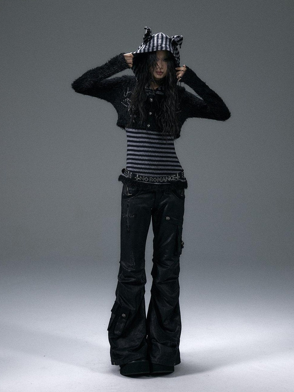 NO ROMANCE Embroidered Cross Hooded Slim Striped Black Grey Women Long Sleeve T-Shirts