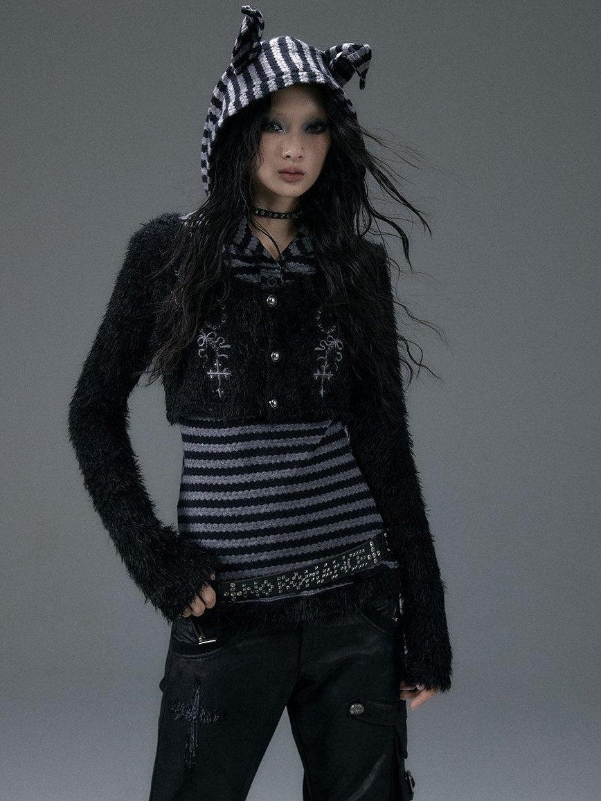NO ROMANCE Embroidered Cross Hooded Slim Striped Black Grey Women Long Sleeve T-Shirts