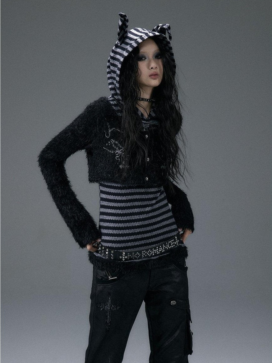 NO ROMANCE Embroidered Cross Hooded Slim Striped Black Grey Women Long Sleeve T-Shirts