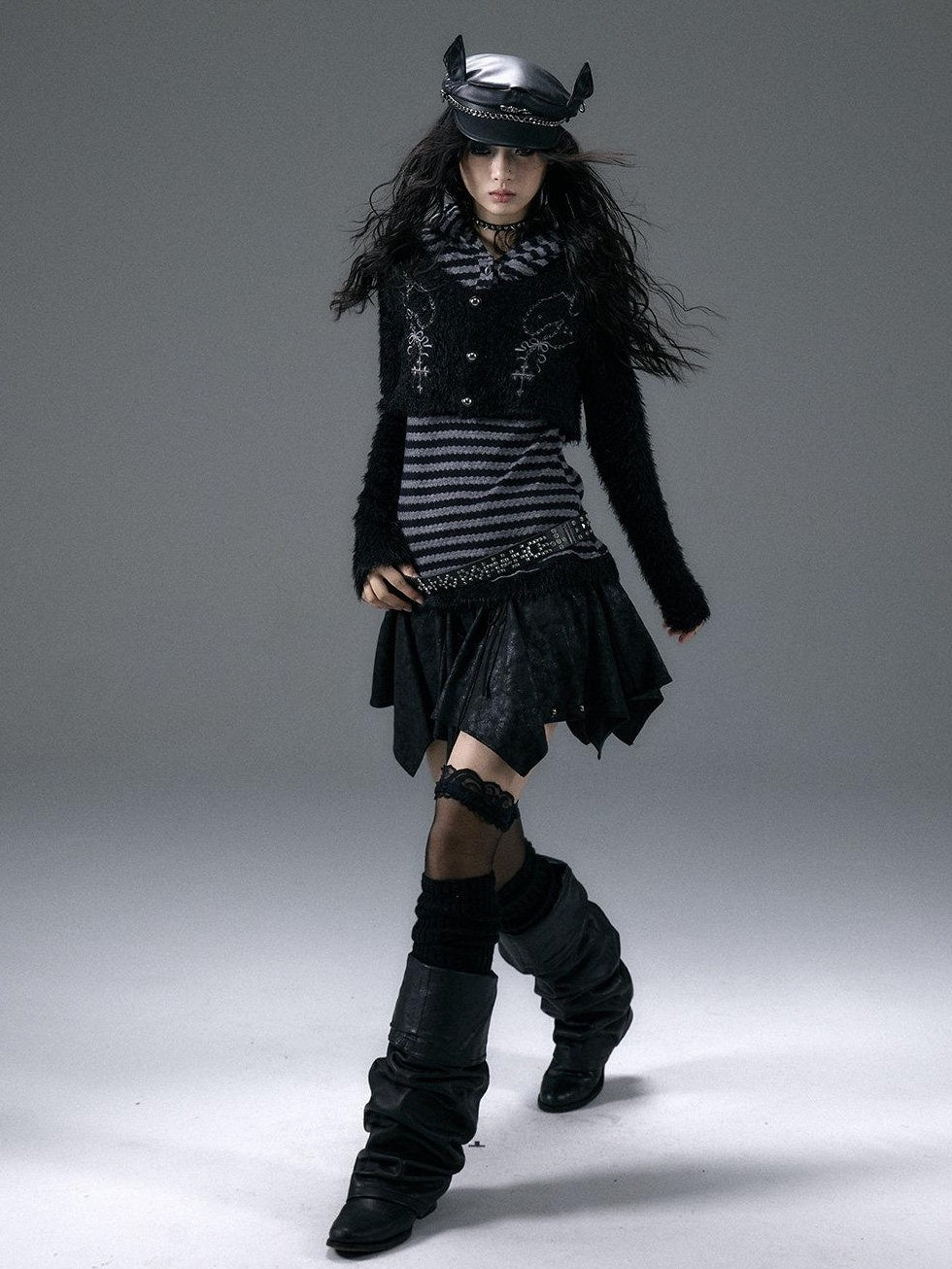 NO ROMANCE Embroidered Cross Hooded Slim Striped Black Grey Women Long Sleeve T-Shirts