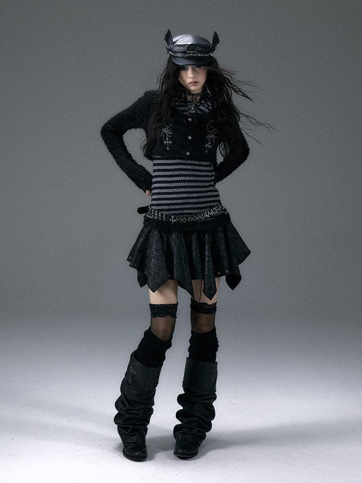 NO ROMANCE Embroidered Cross Hooded Slim Striped Black Grey Women Long Sleeve T-Shirts