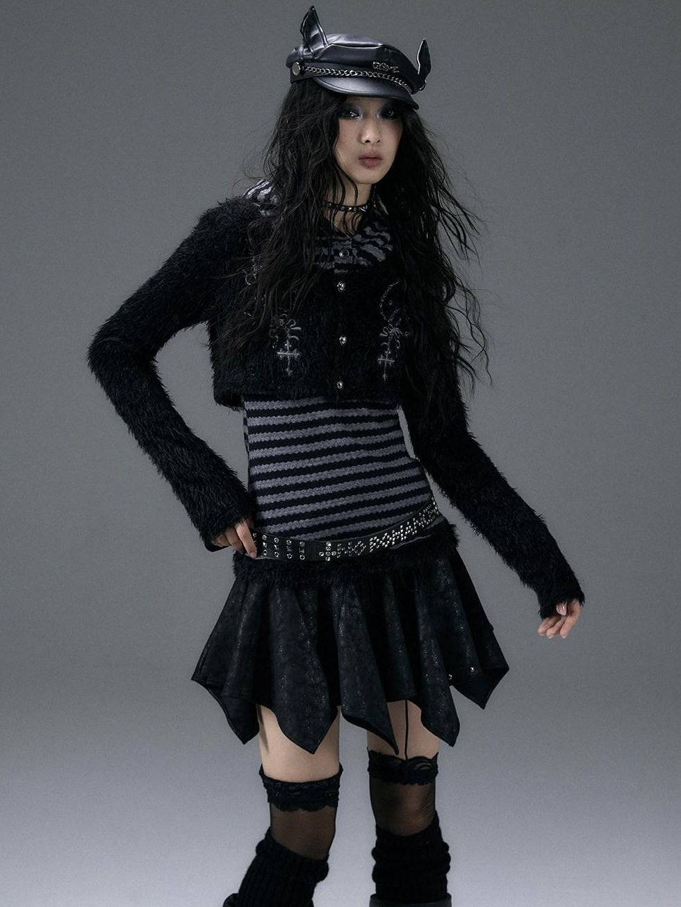 NO ROMANCE Embroidered Cross Hooded Slim Striped Black Grey Women Long Sleeve T-Shirts