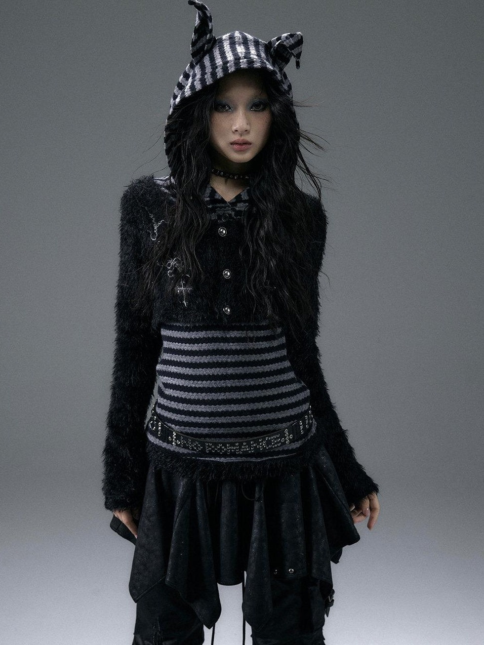 NO ROMANCE Embroidered Cross Hooded Slim Striped Black Grey Women Long Sleeve T-Shirts