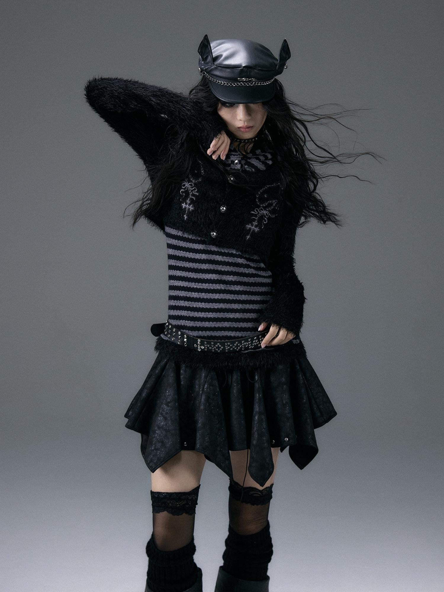 NO ROMANCE Embroidered Cross Hooded Slim Striped Black Grey Women Long Sleeve T-Shirts