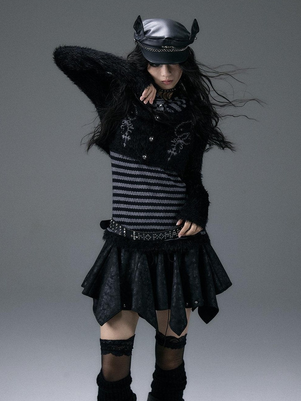 NO ROMANCE Embroidered Cross Hooded Slim Striped Black Grey Women Long Sleeve T-Shirts