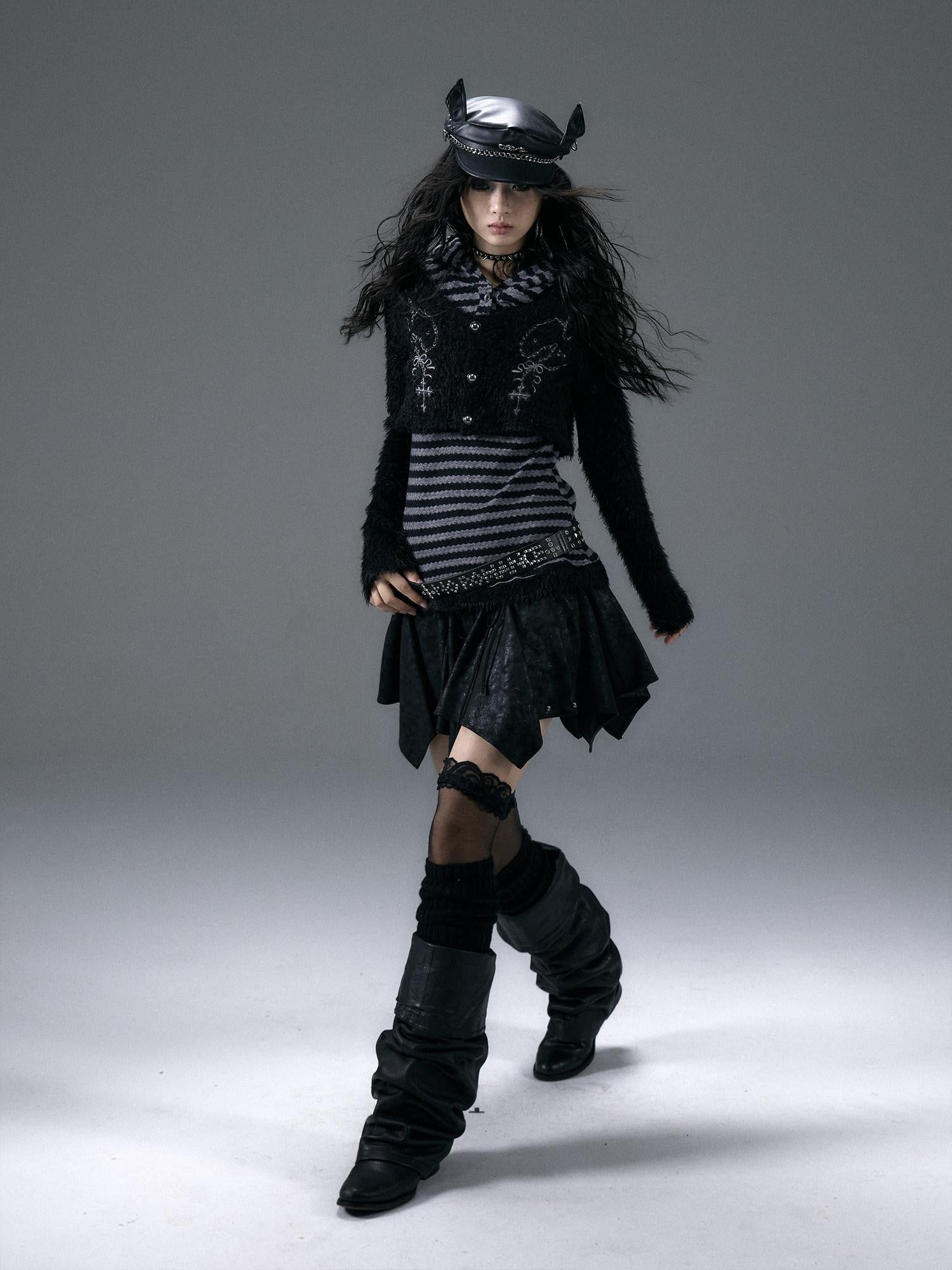 NO ROMANCE Embroidered Cross Hooded Slim Striped Black Grey Women Long Sleeve T-Shirts