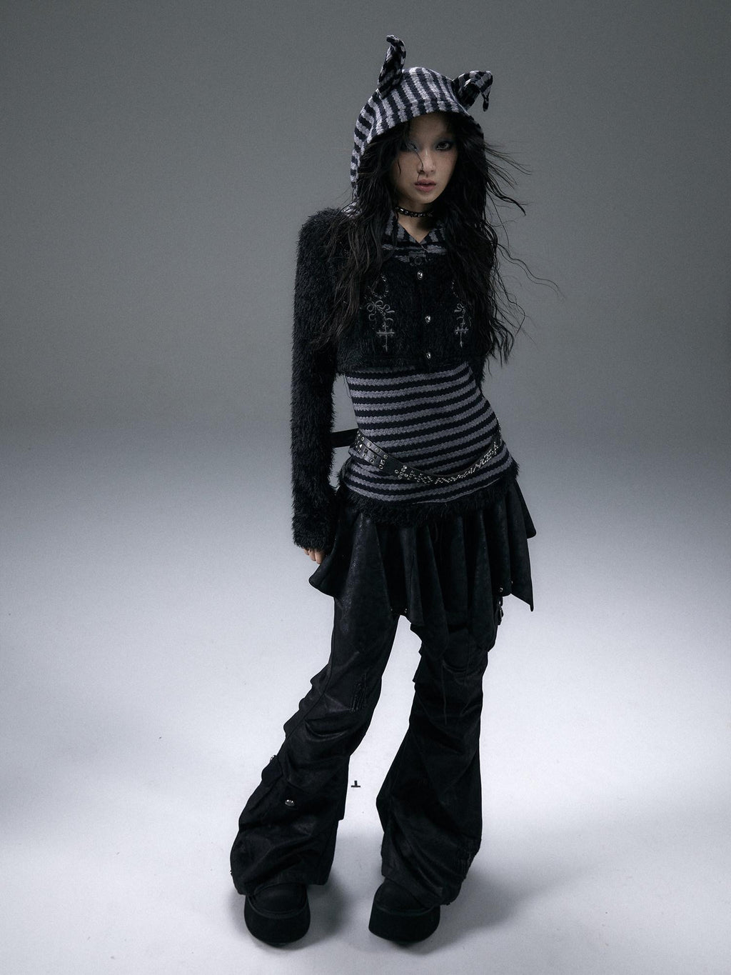 NO ROMANCE Embroidered Cross Hooded Slim Striped Black Grey Women Long Sleeve T-Shirts