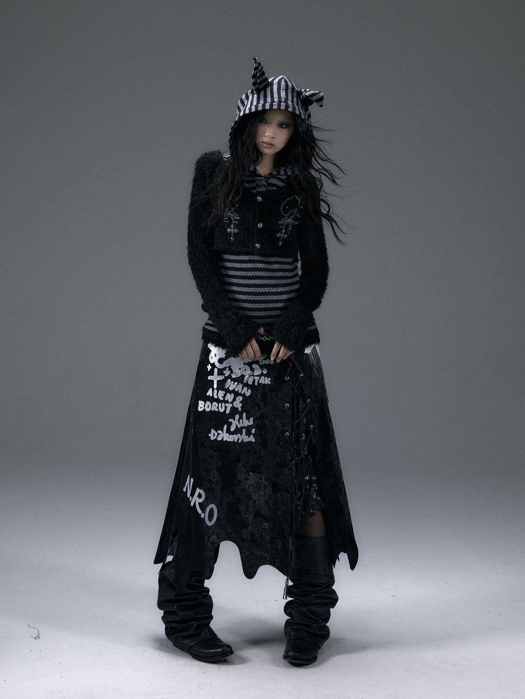 NO ROMANCE Embroidered Cross Hooded Slim Striped Black Grey Women Long Sleeve T-Shirts