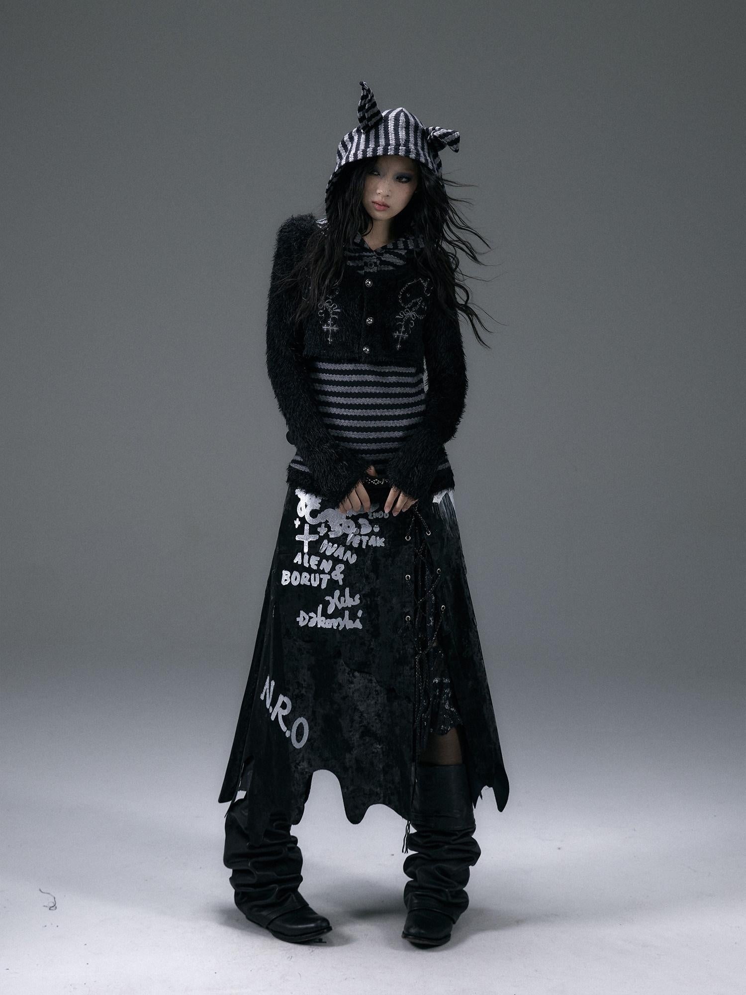 NO ROMANCE Embroidered Cross Hooded Slim Striped Black Grey Women Long Sleeve T-Shirts