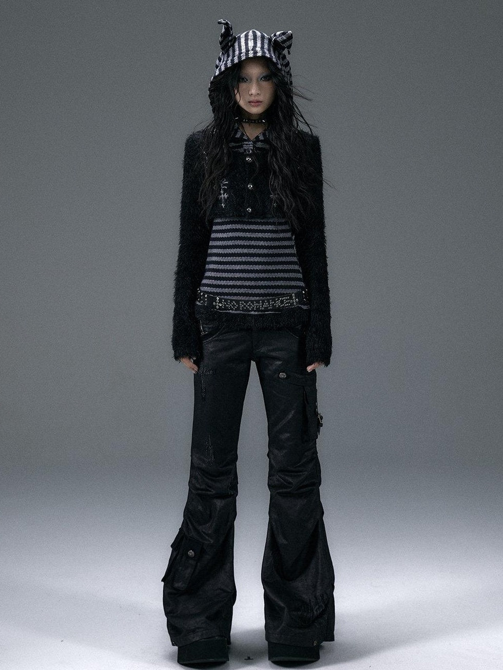 NO ROMANCE Embroidered Cross Hooded Slim Striped Black Grey Women Long Sleeve T-Shirts