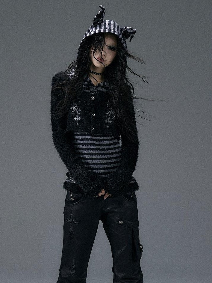 NO ROMANCE Embroidered Cross Hooded Slim Striped Black Grey Women Long Sleeve T-Shirts