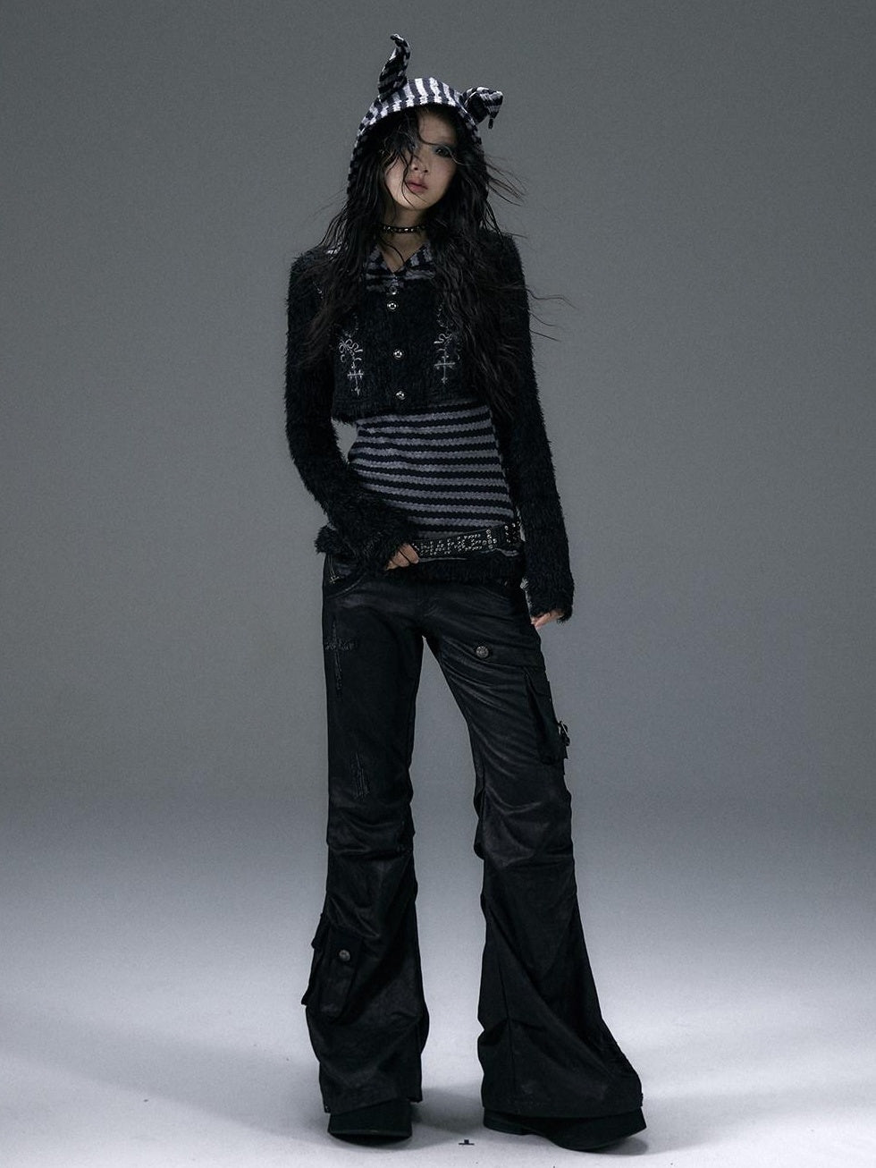 NO ROMANCE Embroidered Cross Hooded Slim Striped Black Grey Women Long Sleeve T-Shirts