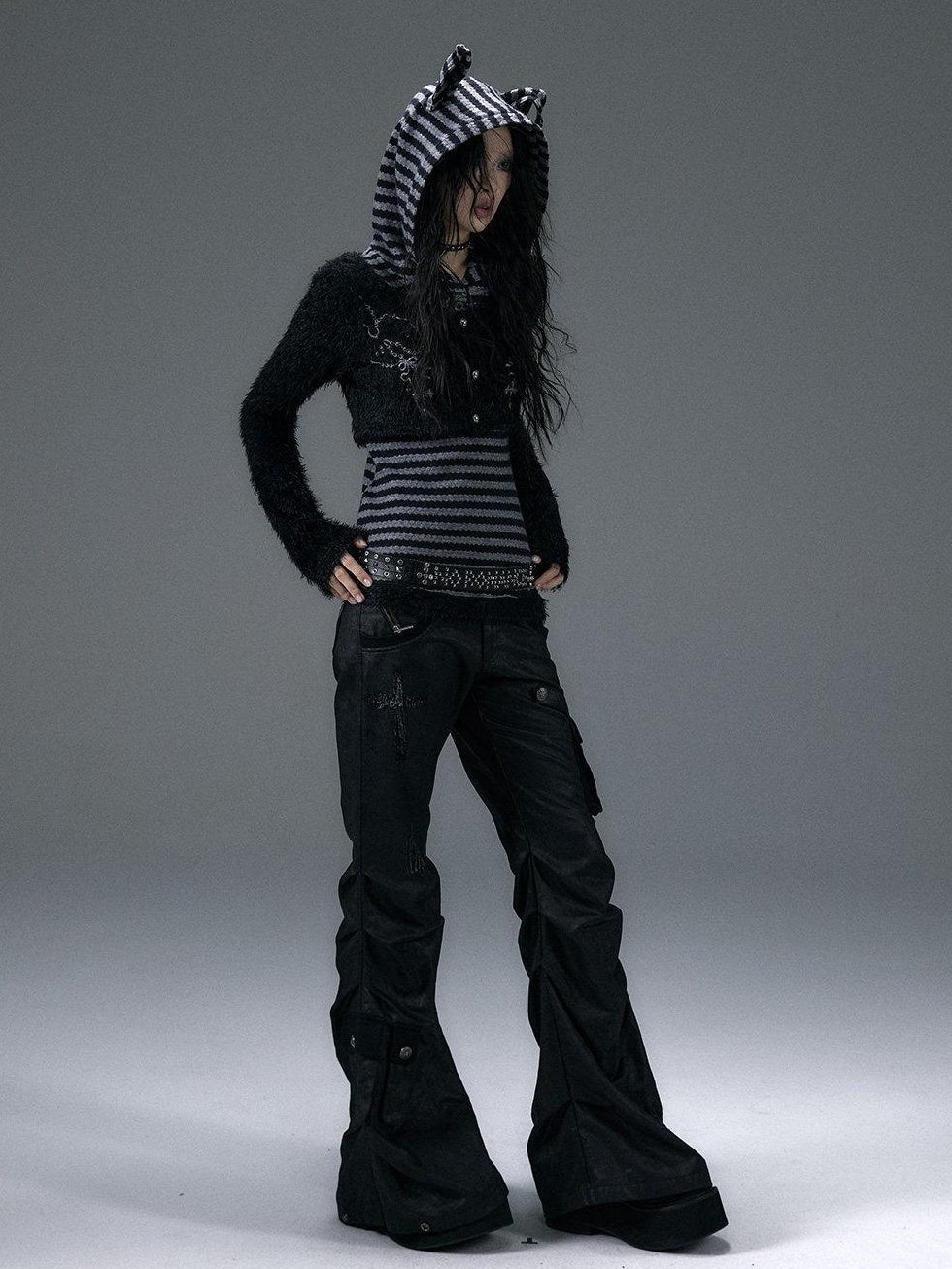 NO ROMANCE Embroidered Cross Hooded Slim Striped Black Grey Women Long Sleeve T-Shirts