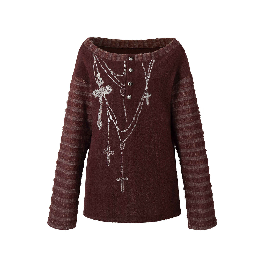 NO_ROMANCE_Embroidered_Cross_Punk_Loose_Fit_Women_Poly_Knit_Boatneck_Long_Sleeve_T-Shirts_MISSTT