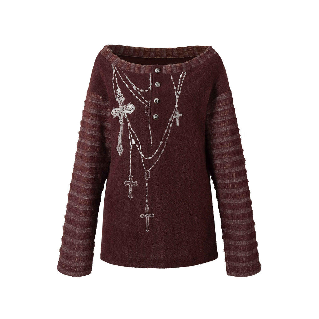 NO_ROMANCE_Embroidered_Cross_Punk_Loose_Fit_Women_Poly_Knit_Boatneck_Long_Sleeve_T-Shirts_MISSTT
