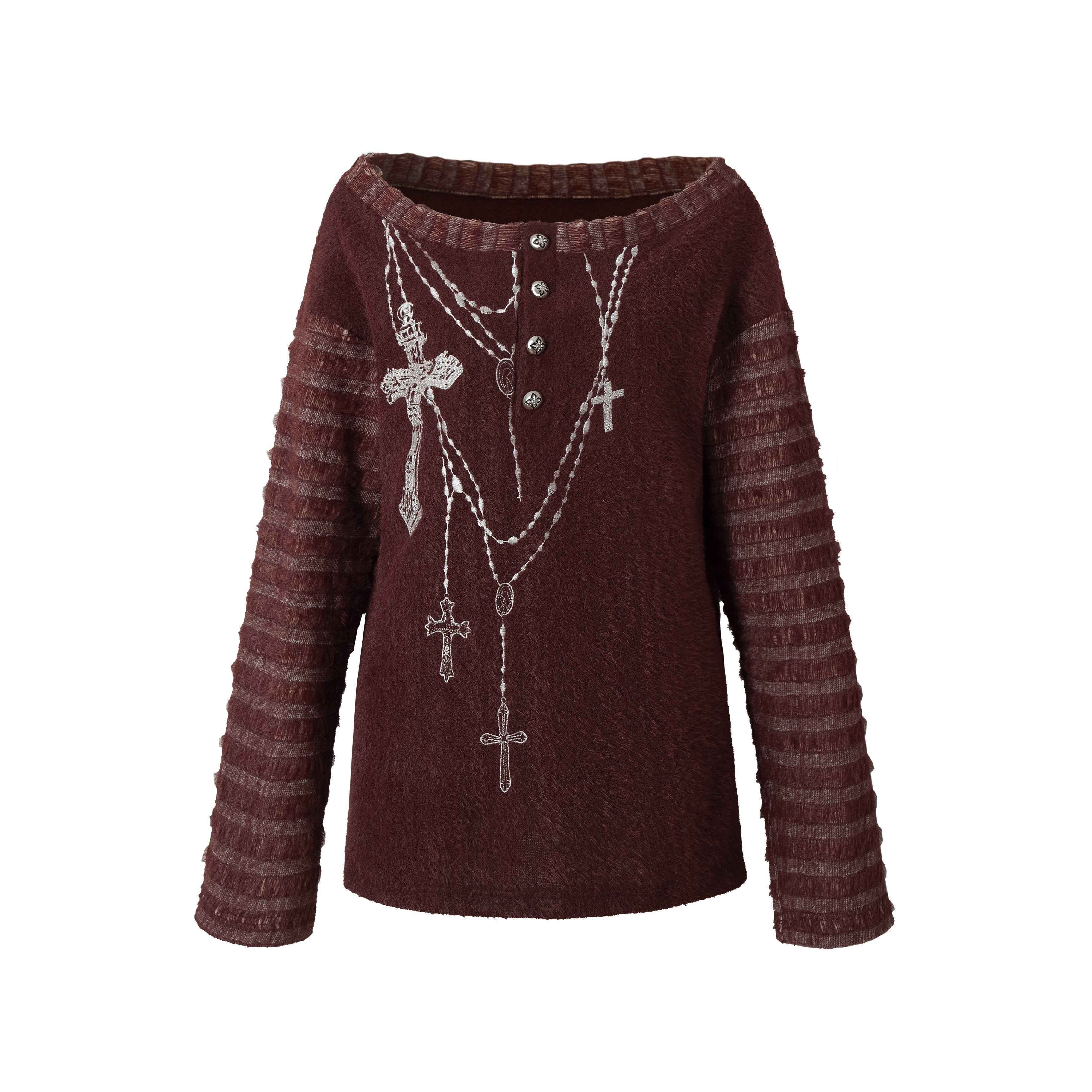 NO_ROMANCE_Embroidered_Cross_Punk_Loose_Fit_Women_Poly_Knit_Boatneck_Long_Sleeve_T-Shirts_MISSTT