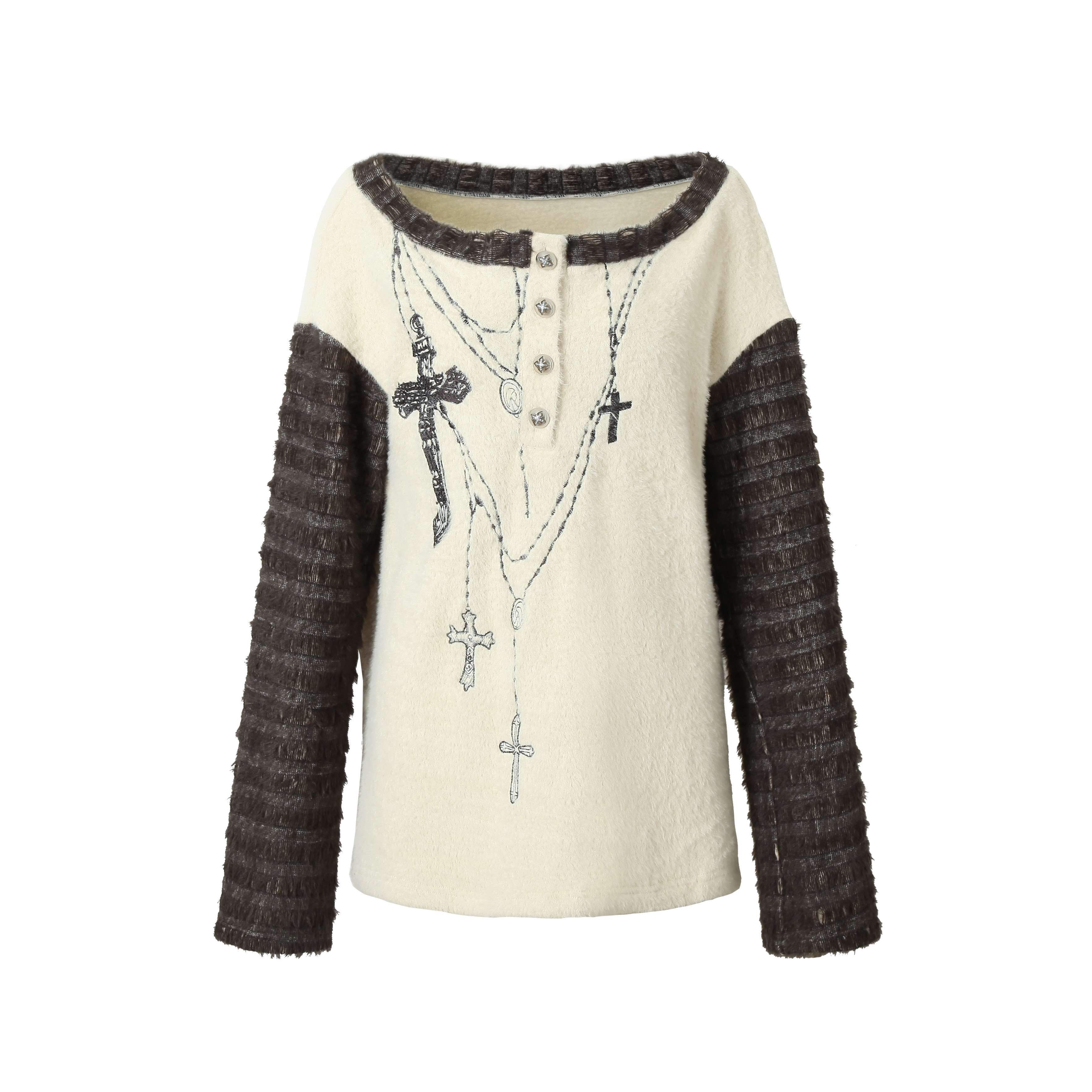 NO_ROMANCE_Embroidered_Cross_Punk_Loose_Fit_Women_Poly_Knit_Boatneck_Long_Sleeve_T-Shirts_MISSTT