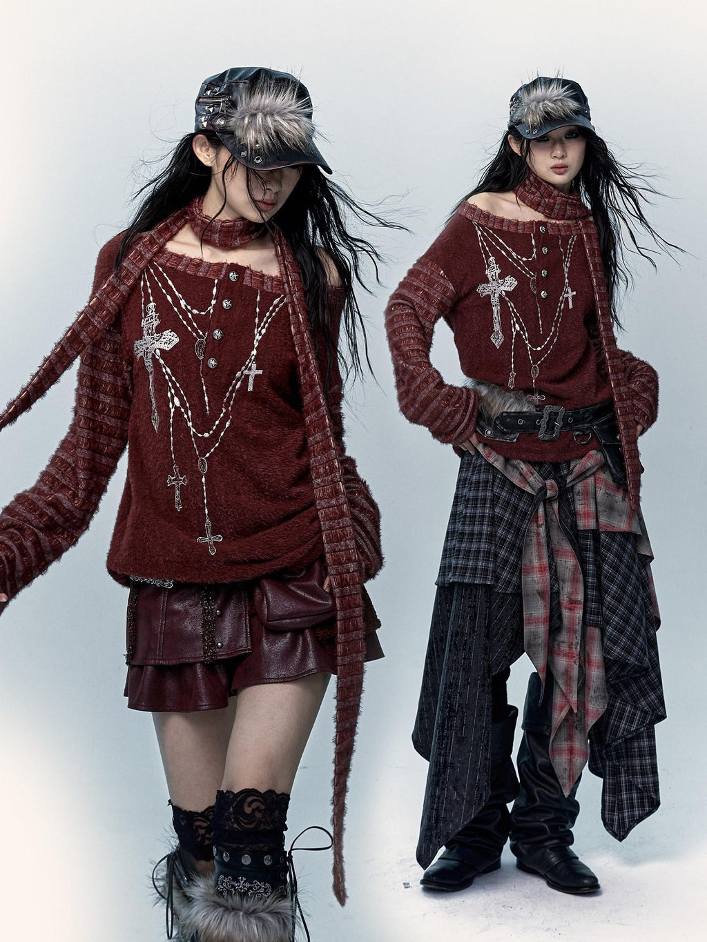 NO ROMANCE Embroidered Cross Punk Loose Fit Women Poly Knit Boatneck Long Sleeve T-Shirts