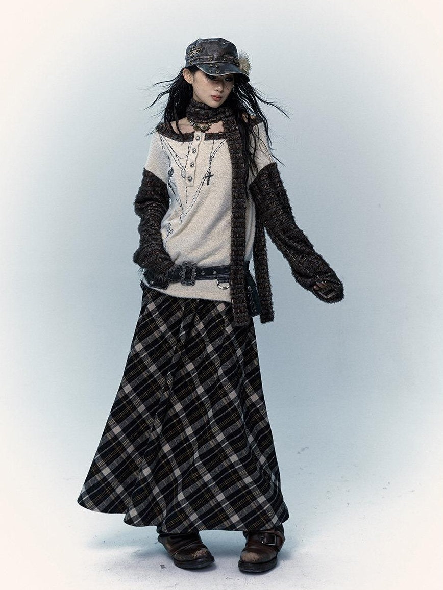 NO ROMANCE Embroidered Cross Punk Loose Fit Women Poly Knit Boatneck Long Sleeve T-Shirts