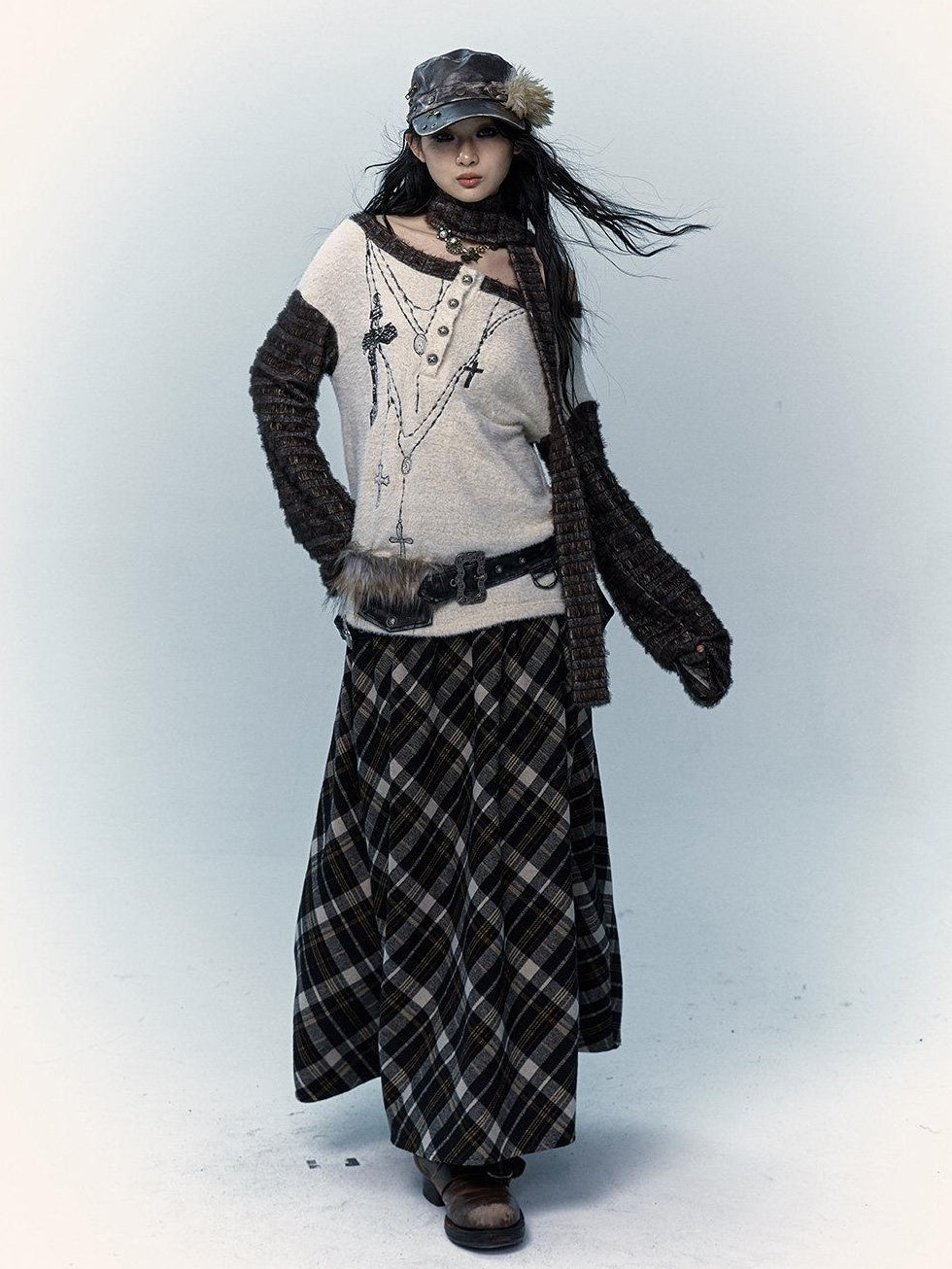 NO ROMANCE Embroidered Cross Punk Loose Fit Women Poly Knit Boatneck Long Sleeve T-Shirts