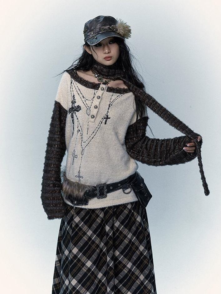 NO ROMANCE Embroidered Cross Punk Loose Fit Women Poly Knit Boatneck Long Sleeve T-Shirts
