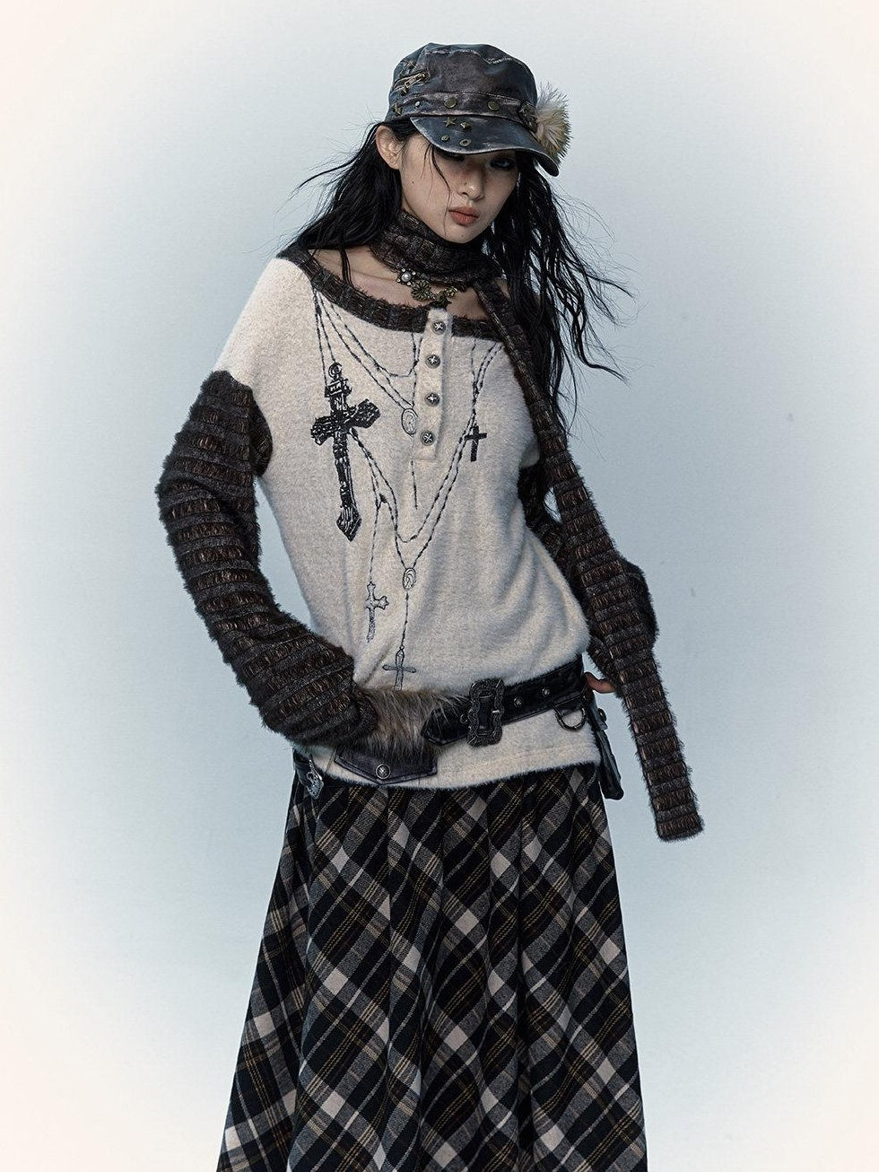 NO ROMANCE Embroidered Cross Punk Loose Fit Women Poly Knit Boatneck Long Sleeve T-Shirts