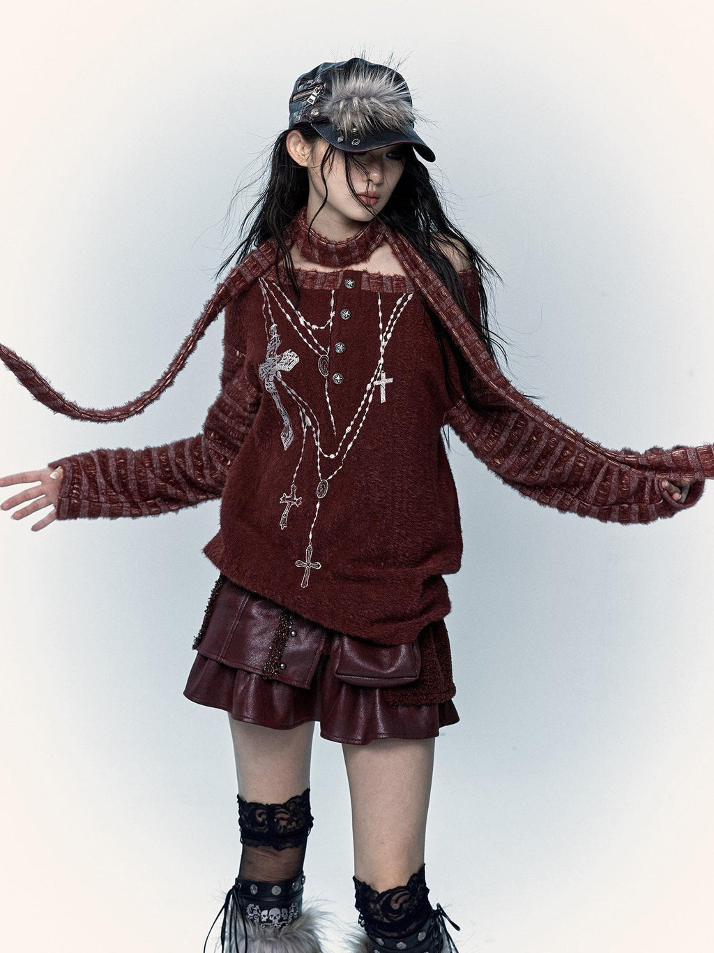 NO ROMANCE Embroidered Cross Punk Loose Fit Women Poly Knit Boatneck Long Sleeve T-Shirts